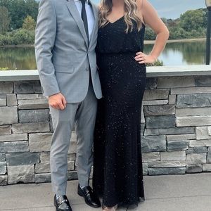 Adrianna Papell Beaded Black Dress Art Deco Blouson Straps Evening Gown Bridal